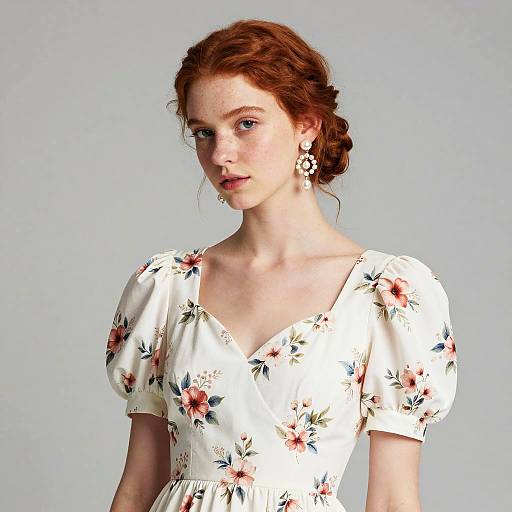 Young woman in white floral dress with pearl earrings
