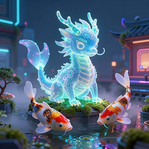 Bioluminescent Koi-Dragon in Cyberpunk Garden