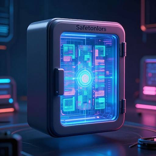 Photograph of a neon blue, square, futuristic electronic safe with 
