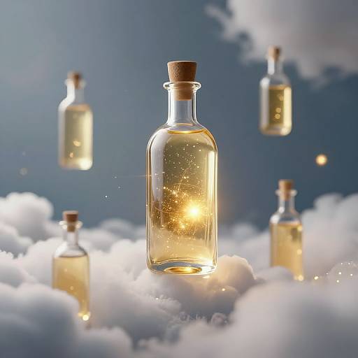 Photograph of glowing, amber liquid-filled glass bottles with cork stoppers floating among fluffy white clouds against a blue sky background.