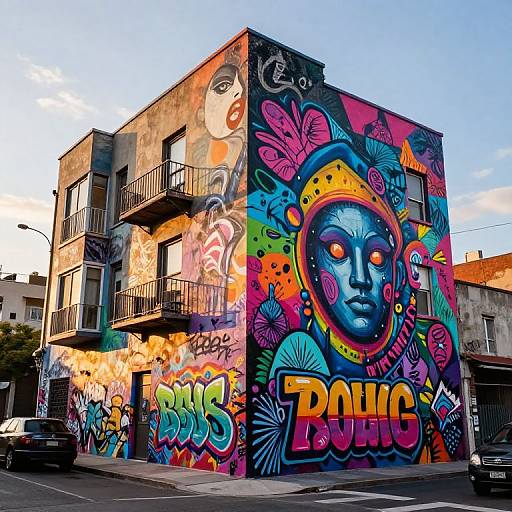 Photograph of a vibrant, colorful graffiti-covered building corner, featuring a large, blue, glowing face with orange eyes and 