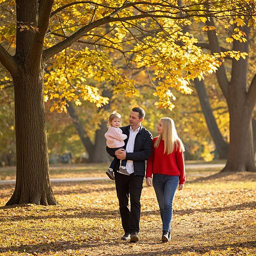 Photograph of a family in autumn park: man in black suit, white shirt, blonde woman in red sweater and blue jeans, carrying baby in pink