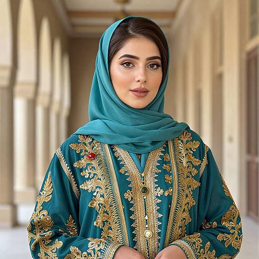 Photograph of a South Asian woman with fair skin, dark hair, and brown eyes, wearing a teal embroidered traditional dress and matching headscarf,