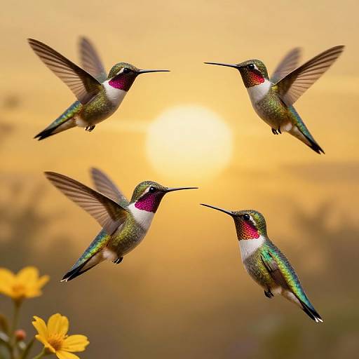 Iridescent Hummingbirds in Golden Sky