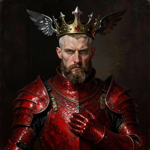 Photorealistic portrait of a stern, bearded king with a crown featuring black wings, wearing shiny red dragon-scale armor, dark background.