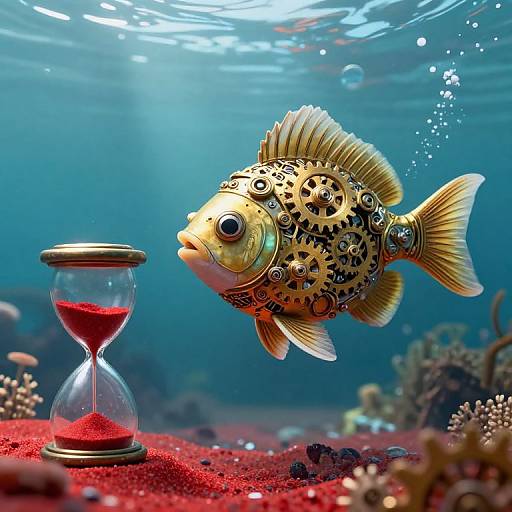 Photograph of a steampunk-style goldfish with gears and cogs, swimming near an hourglass filled with red sand, underwater with coral and