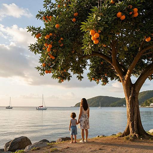 Photograph of a mother and child standing under an orange tree by the sea, watching sailboats and distant hills at sunset.