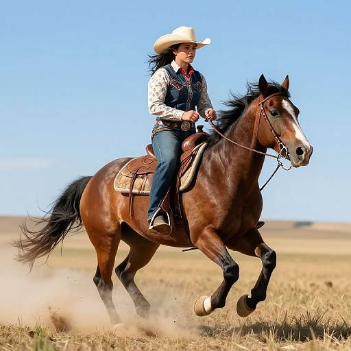 Dynamic Busty Cowgirl on Horseback