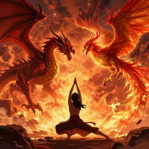 Digital art: Silhouetted warrior in meditative pose, hands raised, facing fiery red dragons against a blazing, orange-yellow sky. Dynamic,