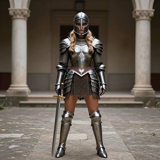 Photograph of a female knight in shiny black armor, long blonde hair, holding a sword, standing in a stone courtyard with columns.