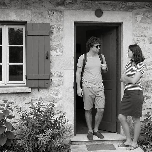 Casual Couple Exiting Stone House