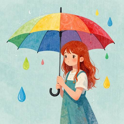 Red Haired Girl with Colorful Umbrella