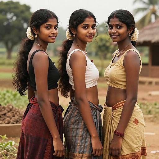 Photograph of three Indian women with dark skin, long black hair, and white floral hairpieces, wearing midriff-baring tops and traditional skirts