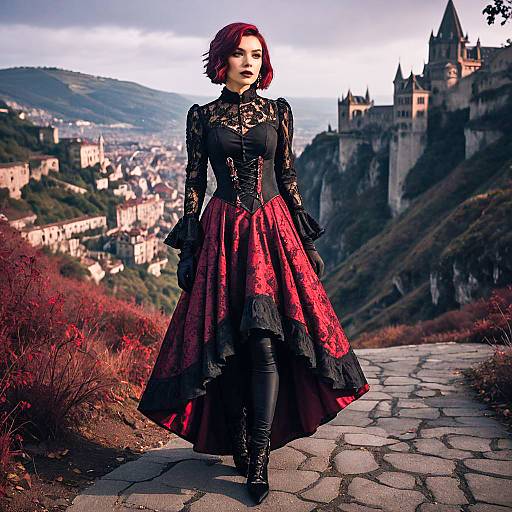 Woman in Gothic Red and Black Dress on Scenic Path