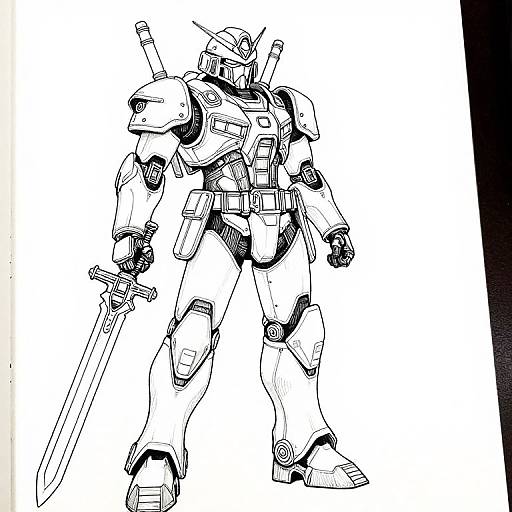 Black-and-white ink drawing of a humanoid mecha with a helmet, holding a large sword, featuring detailed armor and weapons on its back.