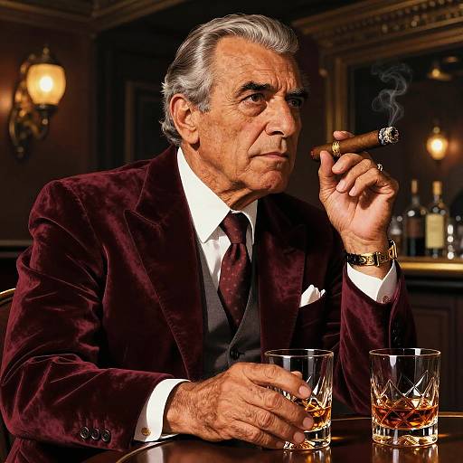 Photorealistic image of an elderly man with gray hair, in a dark maroon velvet suit, smoking a cigar, sitting at a bar with two