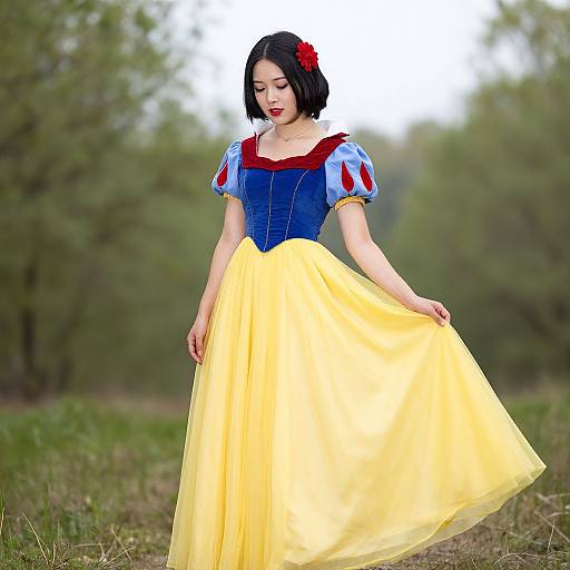 Photograph of an East Asian woman in a Snow White costume, with a blue bodice, yellow skirt, and red flower in her black hair,