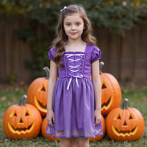 Photograph of a young girl in a purple Halloween dress with white lace-up, standing in front of five carved jack-o'-lanterns.