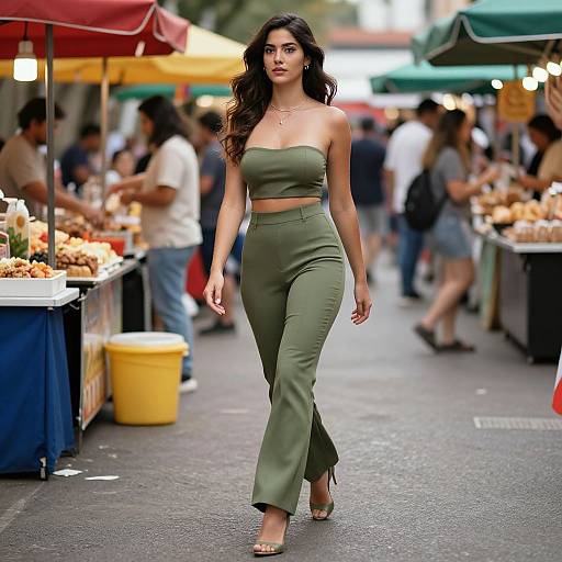 Photograph of a confident, long-haired woman in a green, strapless, crop-top and high-waisted pants outfit, walking through a bustling