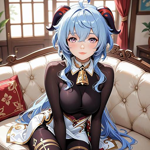 Anime-style digital artwork of a blue-haired, purple-eyed girl with black and red horns, wearing a tight black and white outfit, sitting on a white