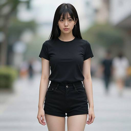 Photograph of an Asian woman with straight black hair, wearing a black t-shirt and shorts, standing in a blurred urban street background.