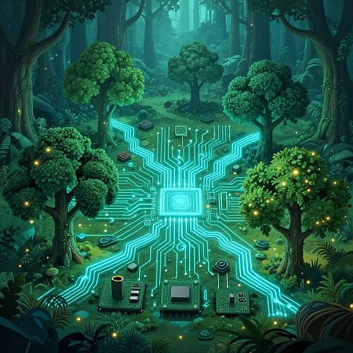 Digital art of a luminous, circuitry-laden forest floor with glowing blue paths, surrounded by lush, green trees and bioluminescent fire