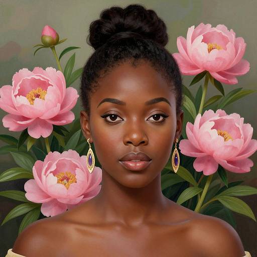 Digital portrait of a beautiful Black woman with dark skin, curly hair in a bun, wearing gold earrings, surrounded by pink peonies.