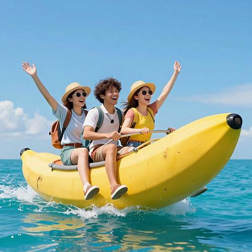 Photograph of three smiling, sun-hatted, young adults in a yellow inflatable boat, waving joyfully on clear blue ocean under bright sky.
