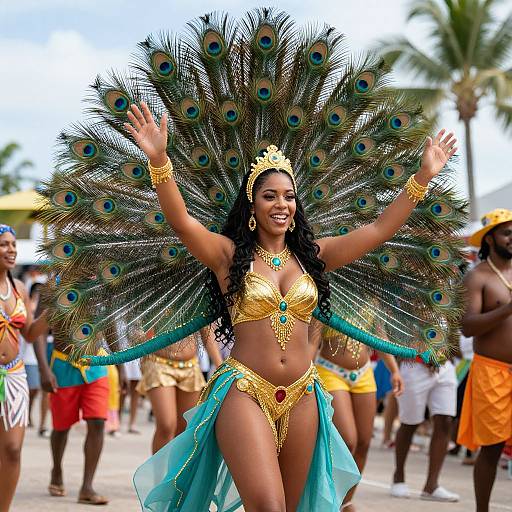 Photograph of a smiling Black woman with peacock-feathered headdress, golden bikini, turquoise skirt, and jewelry, waving arms, in vibrant