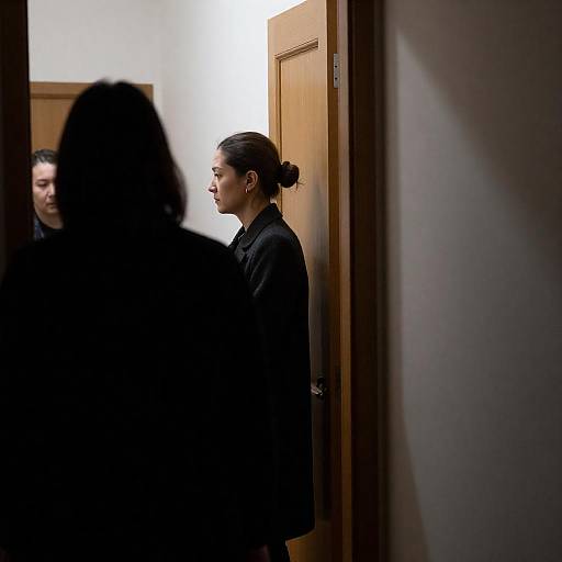 Dimly Lit Hallway with Woman in Coat