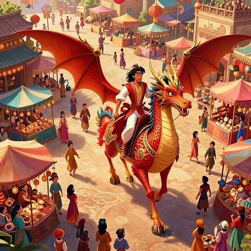 Digital art: Vibrant Asian market scene with a red dragon and rider, surrounded by colorful stalls, people in traditional attire, and bustling activity.