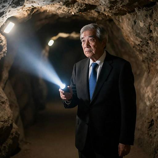 Elderly Man in Suit with Flashlight