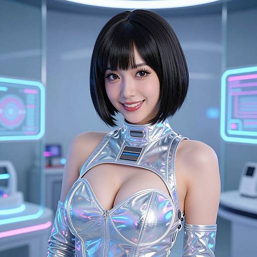 CGI image of an Asian woman with a black bob haircut, wearing a shiny silver, cleavage-revealing, futuristic outfit, smiling in a