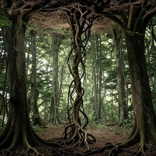 Photograph of a dense forest with a central tree featuring twisted, vine-like roots forming an intricate, vertical pattern amidst tall, straight trees and vibrant green