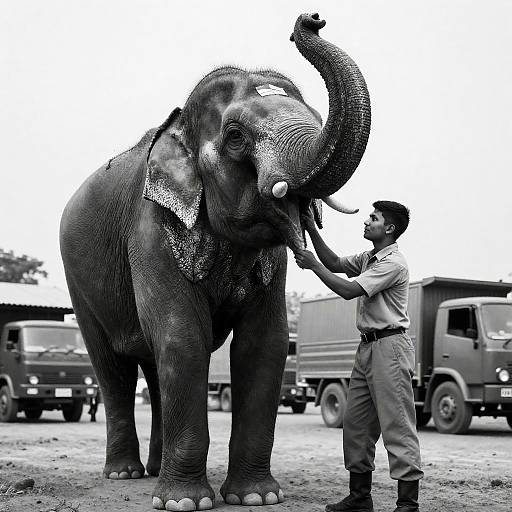 Young Man Assisting Elephant with Forehead Bandage