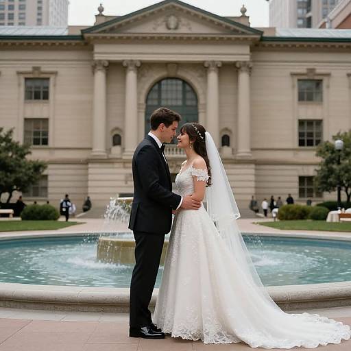 Photograph of a bride and groom standing in front of a classical building with a fountain, both gazing into each other's eyes. The bride wears