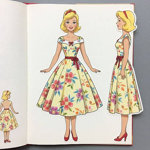 Digital illustration of a blonde woman in a vintage-style, floral-patterned, knee-length dress with red bow and red heels, shown from front, side