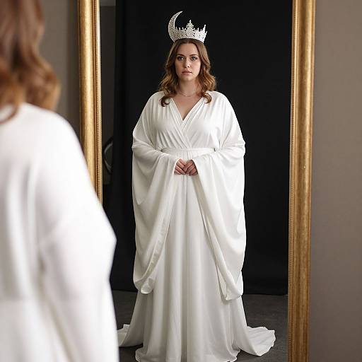 Photograph of a woman with wavy brown hair, wearing a white robe and silver crown, standing in front of a mirror with a black background.