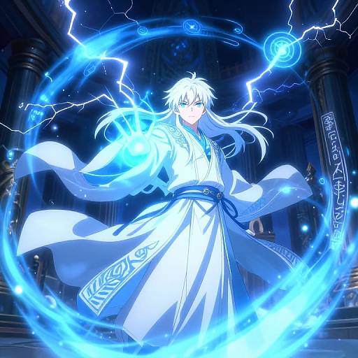 Anime-style digital artwork of a white-haired, blue-eyed male mage in a white, patterned robe, surrounded by glowing blue energy and lightning, set