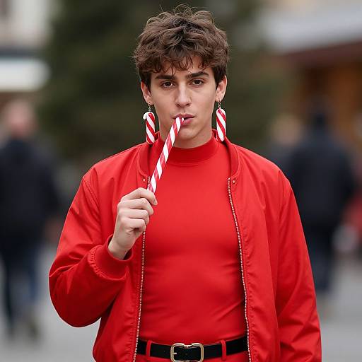 Photograph of a young man with curly brown hair, wearing a bright red shirt and jacket, holding a candy cane, with large red earrings, in
