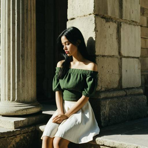 Young Woman Sitting by Stone Pillar