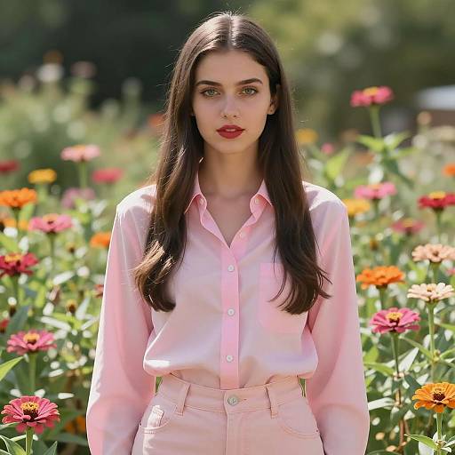 Fashionable Young Woman in Flower Garden