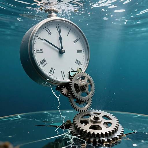 Photograph of a silver analog clock underwater, with gears and water bubbles, creating a dynamic, electric-blue, time-measuring scene.