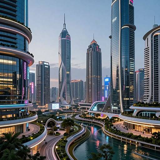Photograph of a futuristic cityscape at dusk, featuring tall, illuminated skyscrapers, a winding river, and neon lights reflecting off buildings.