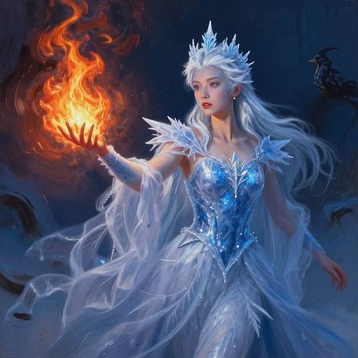 Digital painting of a white-haired, blue-eyed fairy queen in icy blue armor, holding a fiery orb, against a dark, mystical background.