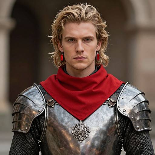 Photograph of a blonde man with wavy hair, wearing medieval silver armor, red scarf, and red earrings, standing in a blurred stone archway