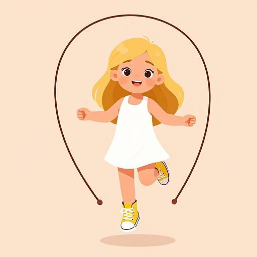 Cartoon illustration of a happy blonde girl with long hair, wearing a white dress and yellow shoes, jumping in a simple rope.