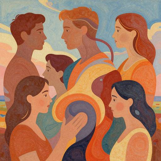 Stylized, colorful painting of six people with flowing hair and vibrant clothes, facing each other in a serene, pastel sky background.