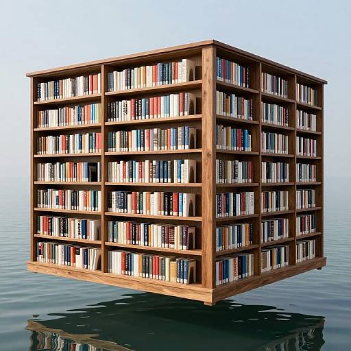 Photorealistic CGI of a wooden, cube-shaped bookshelf floating on calm water, filled with colorful books, against a clear sky.