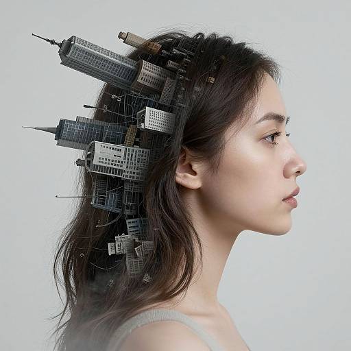 Photograph of an Asian woman with long dark hair, wearing a light gray top, profile view, adorned with miniature black skyscrapers on her head